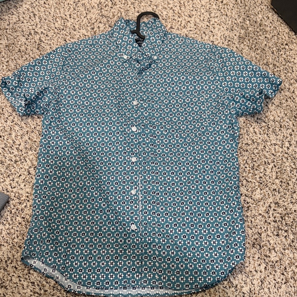 J. Crew Teal Blue Floral Short-Sleeve Button-Down Shirt